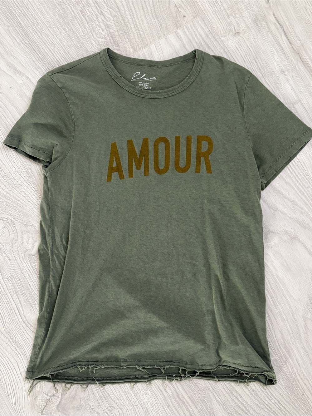 Elan Olive Green Tee with Brown 'AMOUR' Graphic